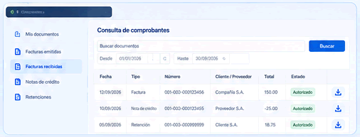Vista ilustrativa del portal de consulta y descarga de documentos electrónicos
